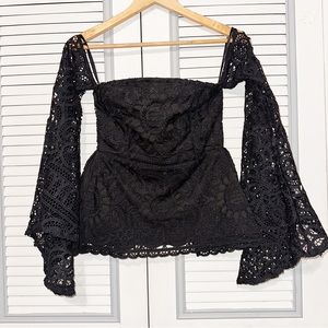 Runaway The Label Black Boho Laced Bell Sleeve Top size Small
